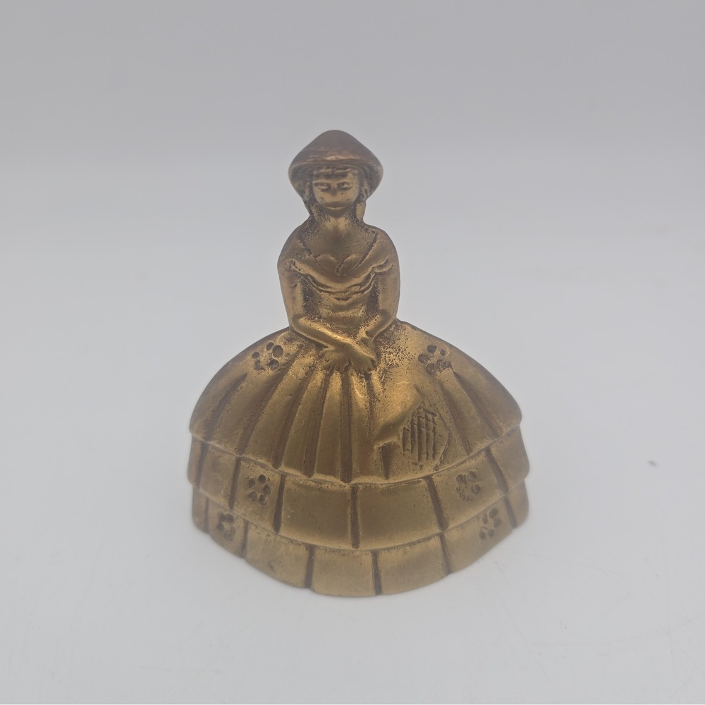 Vintage Brass Lady Bell Crinoline Dress Figural Table Bell Made in India 3"